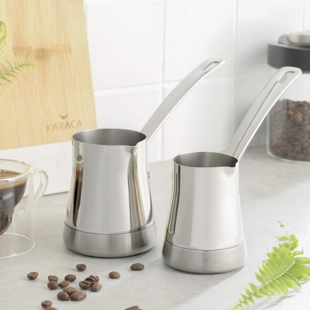 Karaca Win Turkish Coffee Pot with Metal Handles for Stove, Stainless Steel & Elegant Turkish Cezve for Briki Greek, and Arabic Coffee (Set of 2)
