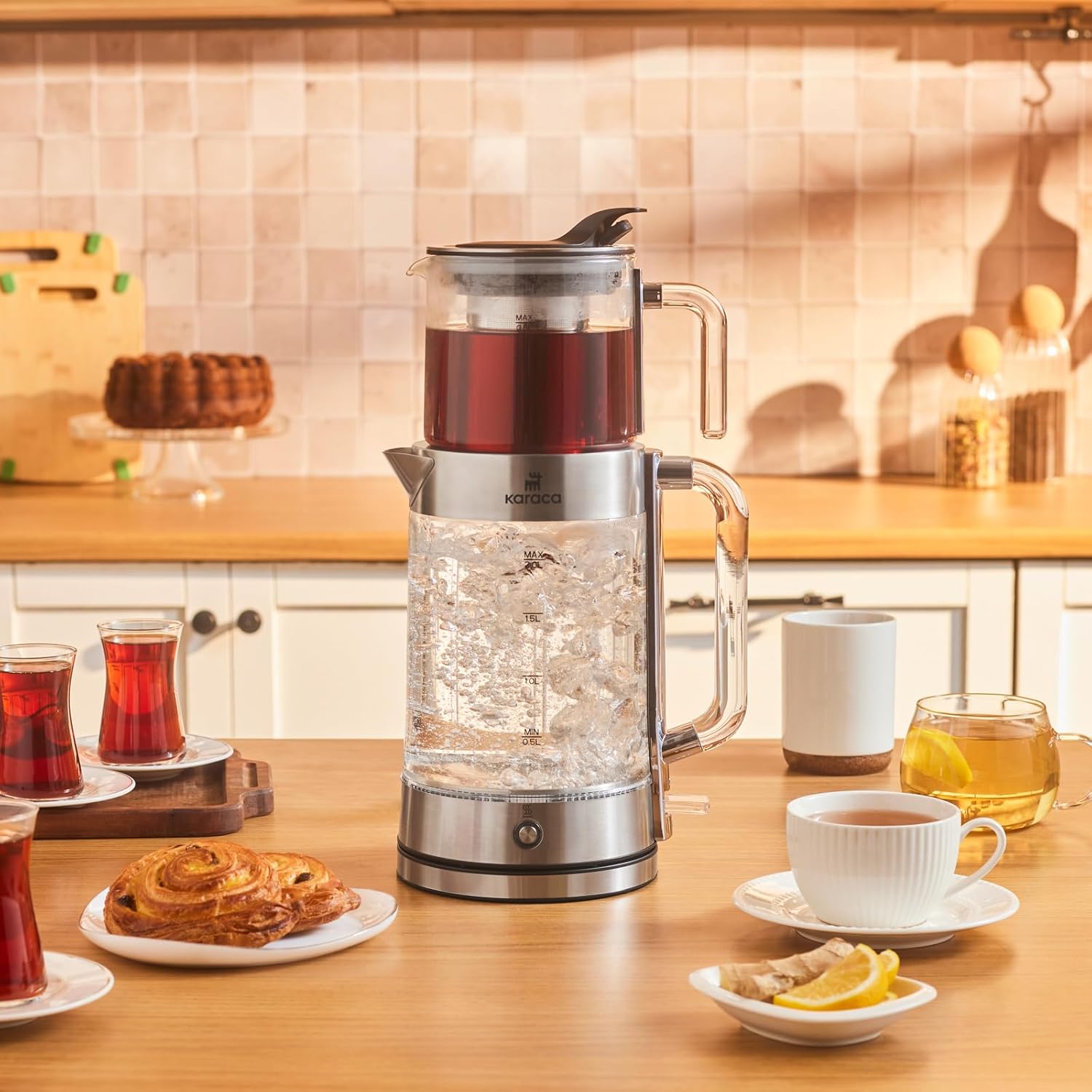 KARACA Luma Glass Electric Tea Maker & Kettle 2.8L 1500W Keep Warm Clear
