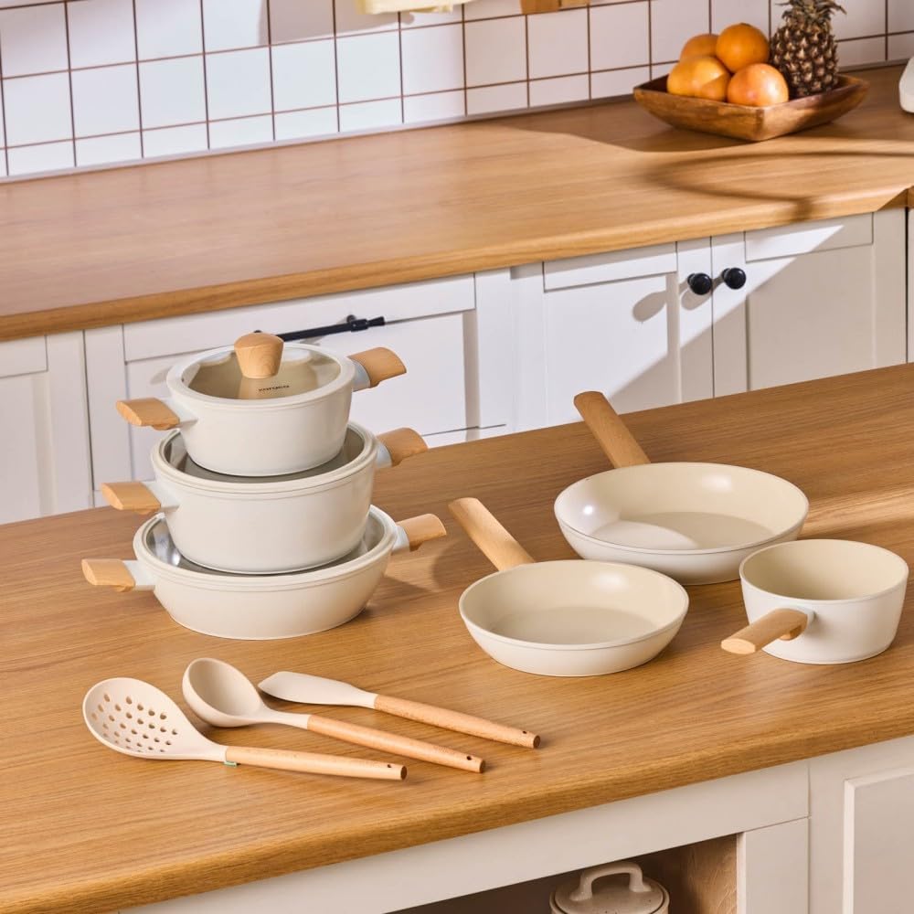 Karaca 12-Piece Ceramic Cookware Set with Lids & Utensils, Swiss Crystal Ceramic Kitchen Pots and Pans Sets Non Stick, Induction Compatible, Almond Cream