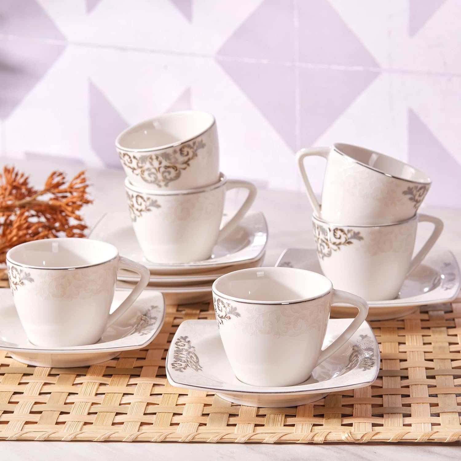 KARACA​ Porcelain Espresso Turkish Coffee Cup Set of 6, 12 Piece, 80ml, White Platinum