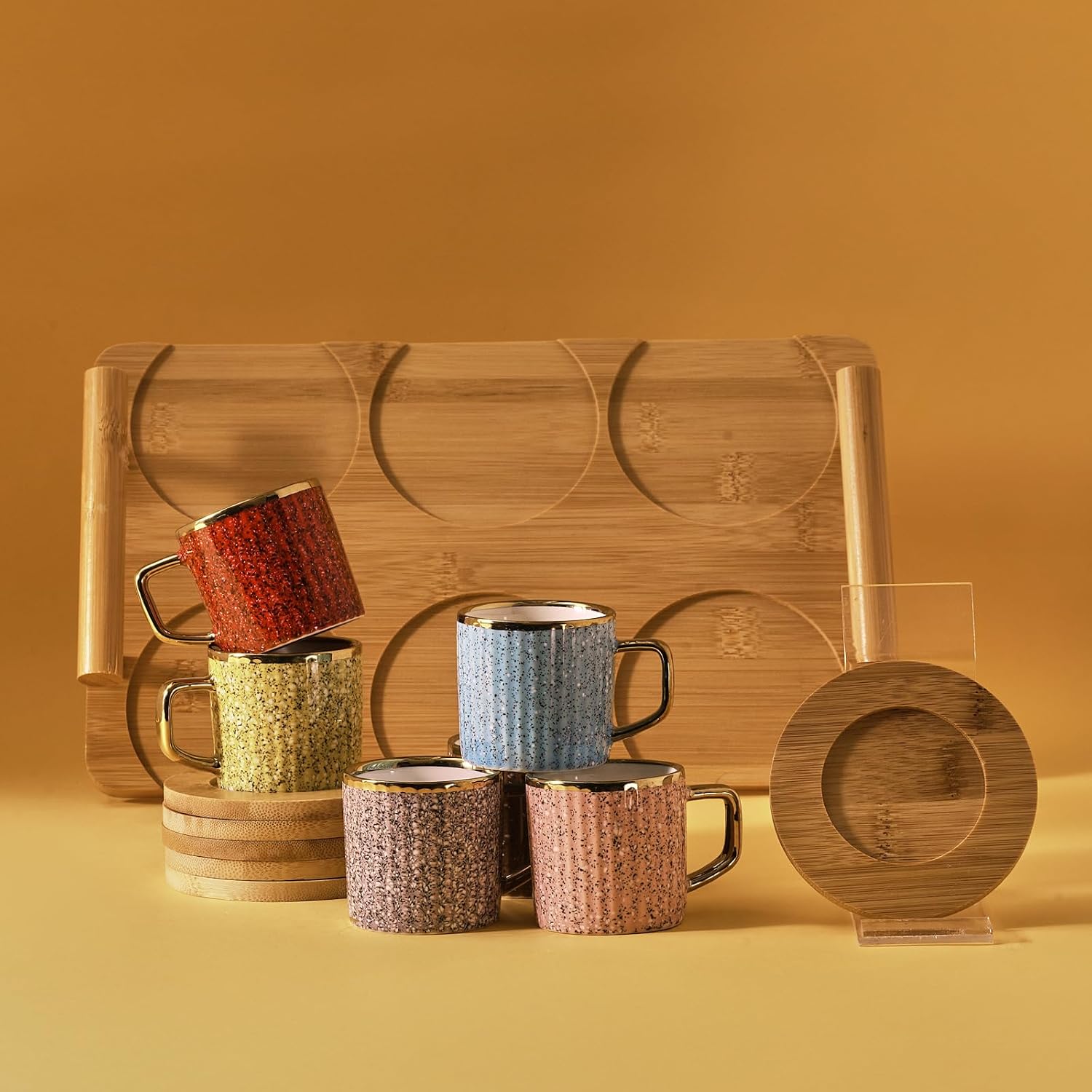 KARACA Bamboo Coloured Coffee Cup Set, 6 People, 90 ml with Tray, Turkish Coffee, Robust Mocha Cup, Mocha Cups, Espresso Cups