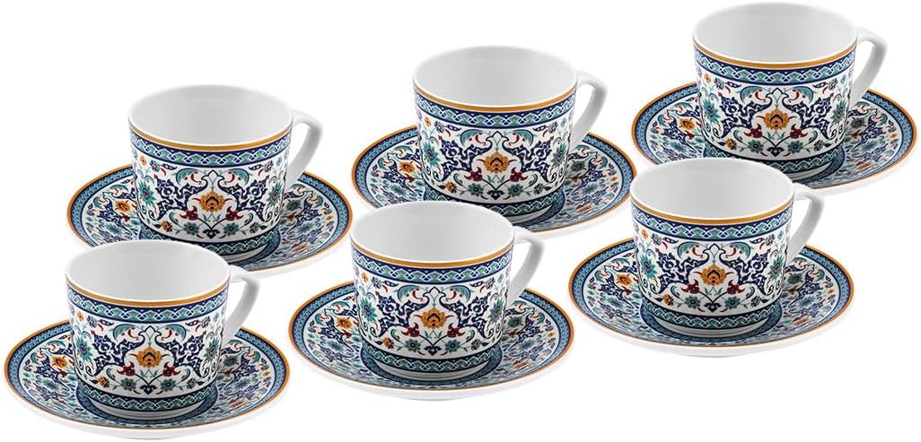 KARACA Beylerbeyi Turkish Coffee Cup Set for 6 People - 12 Piece Cups with Saucers - Small Porcelain Espresso Set - Ideal for Serving Greek, Arabic Coffee (2.7 fl oz)