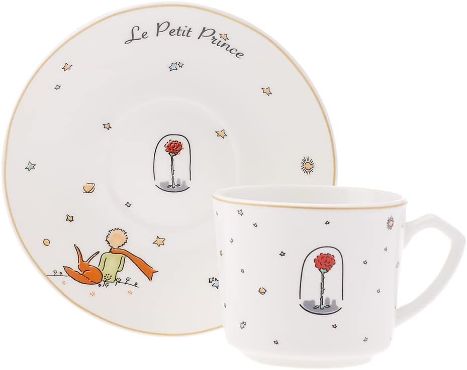 KARACA Le Petit Prince Design Porcelain Coffee Cups and Saucer Set of 6 - White Multi Color Small Turkish Coffee Cup, Espresso Cups, Cappuccino, Tea Cup Set - 12 Piece, 80 ml