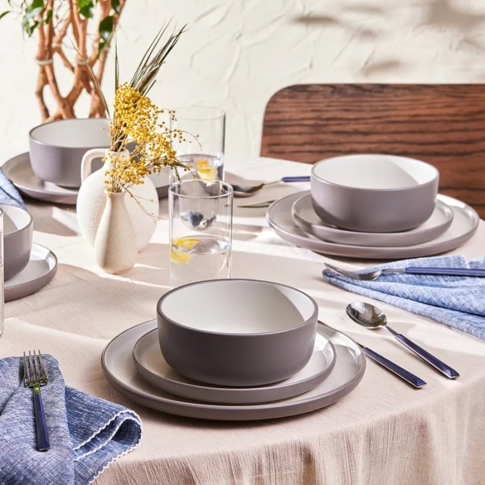 Karaca Riley 18-Piece Stoneware Plates and Bowls Set - Kitchen Dinnerware Sets for 6 - Grey Elegant Design Dish Set for Family Meals and Entertaining & Dishwasher Safe Gray