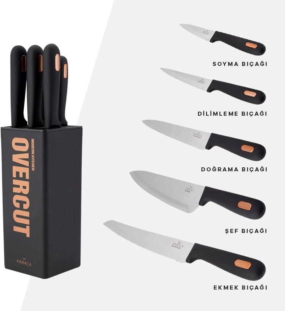 Karaca Overcut 6-Piece Knife Set, Steel, Kitchen Knife, Easy to Clean, Elegant Design, Sharp Knife Set, Practical and Durable, Professional Knife Black
