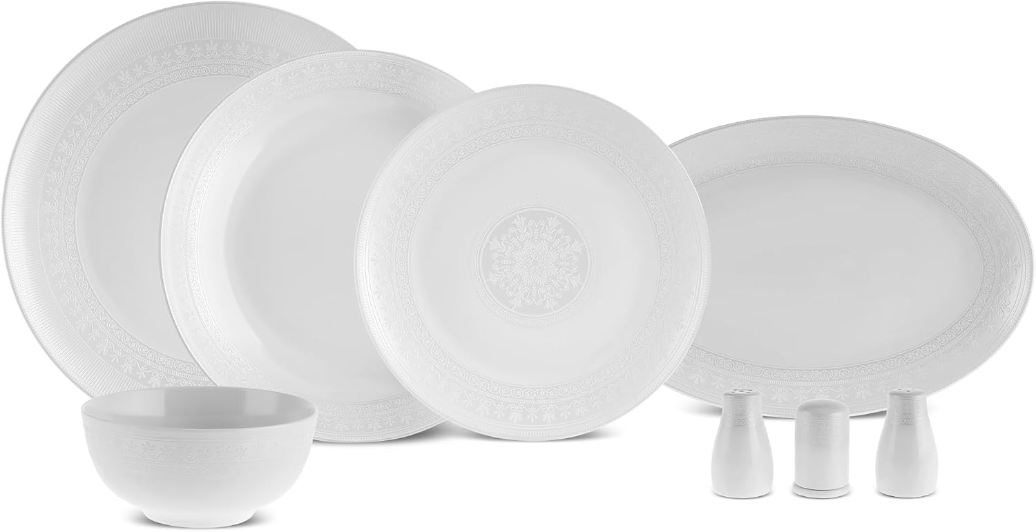 Karaca Forever Bone China Artiste 53-Piece Dinnerware Set for 12, White Porcelain Dining Set with Dinner Plates, Side Plates, Pasta Bowls, Cereal Bowls & Serving Platters