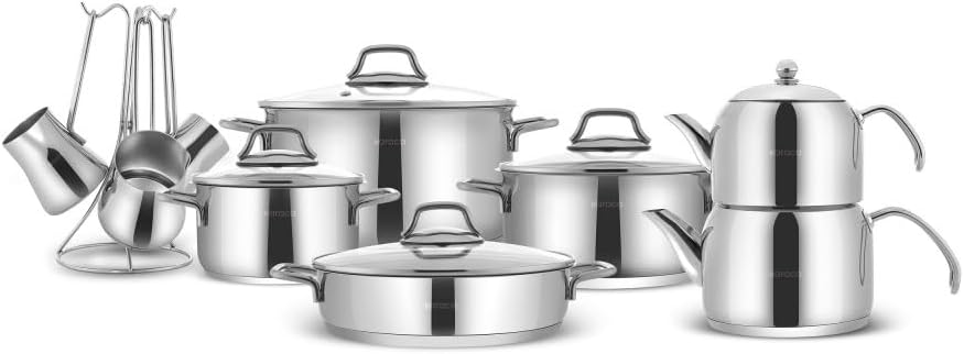 Karaca Belgrade 15 Piece Stainless Steel Wedding Set Pan Set Teapot Cooking Pot Set Edelstahl