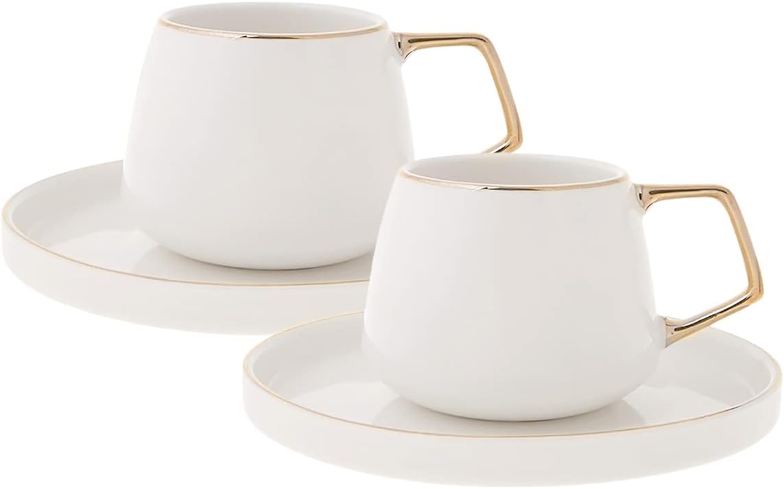 KARACA Saturn Turkish Coffee Cups, Espresso Cups Set of 2 Includes 4 Pieces, 3 oz Espresso Cup Set, Small Espresso Cups and Saucers, Set of 2 Demitasse Cups with Gold Handle on White Porcelain Cream-gold
