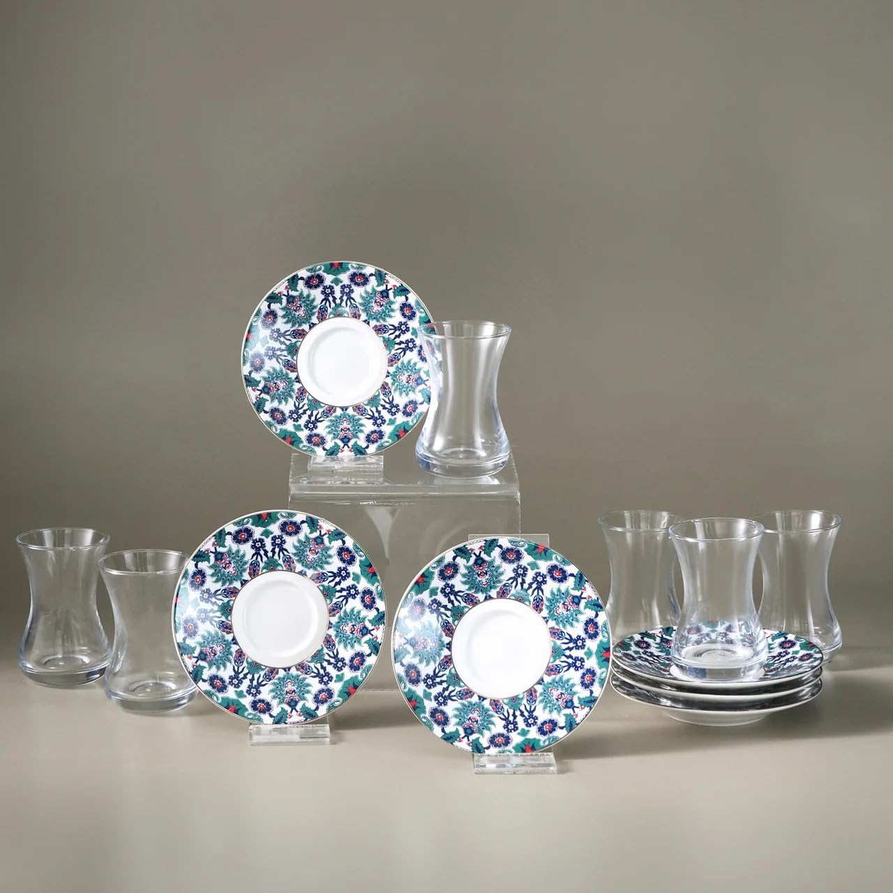 Karaca Edirne 12-Piece Bone China Turkish Tea Set for 6, 130ml, Multi