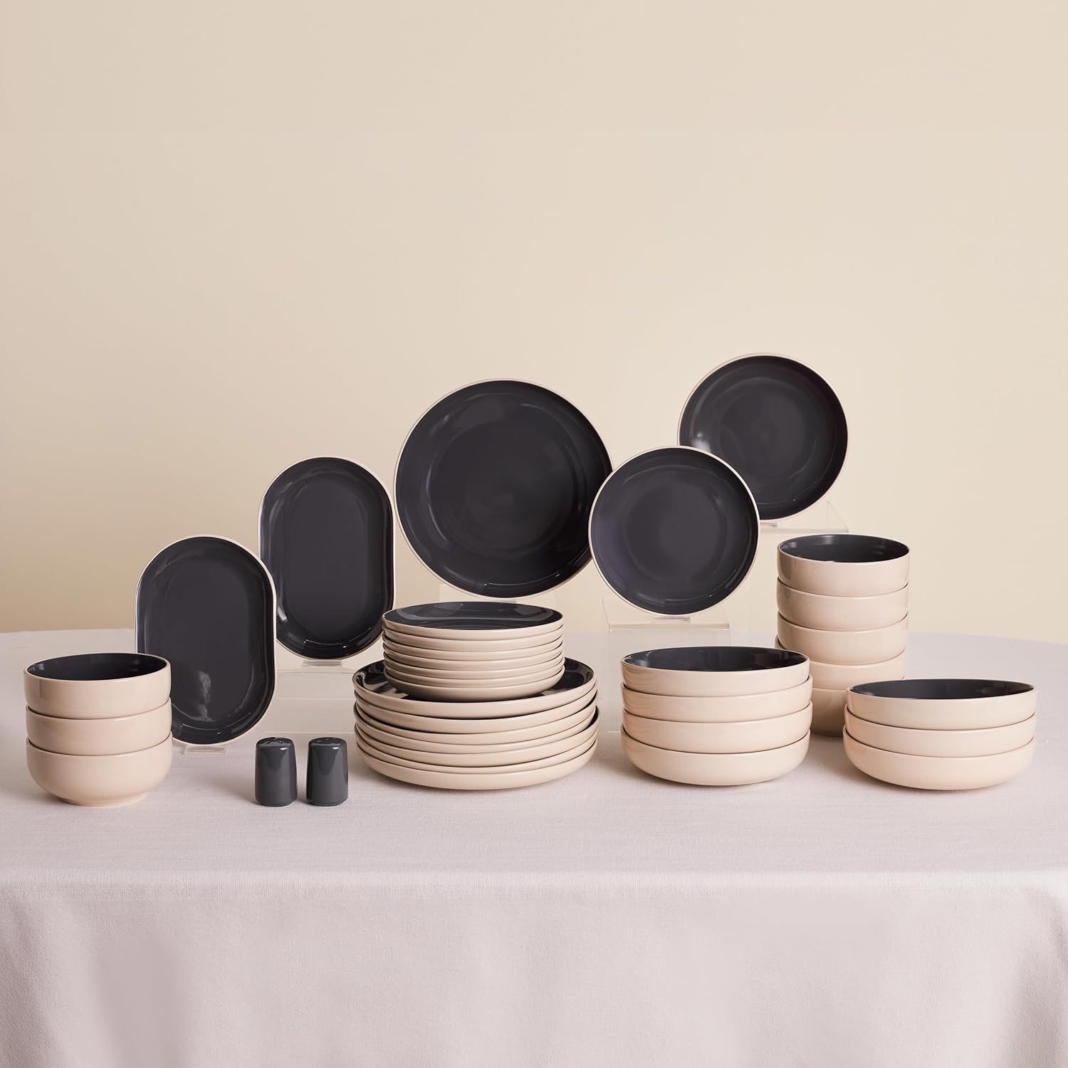 Karaca Terra 36-Piece Stoneware Dinnerware Sets for 8 People, Microwave & Dishwasher Safe Dinner Set, Soft Anthratice, Elegant & Durable Dinnerware Set, Plates and Bowls Sets with Platters & Shakers