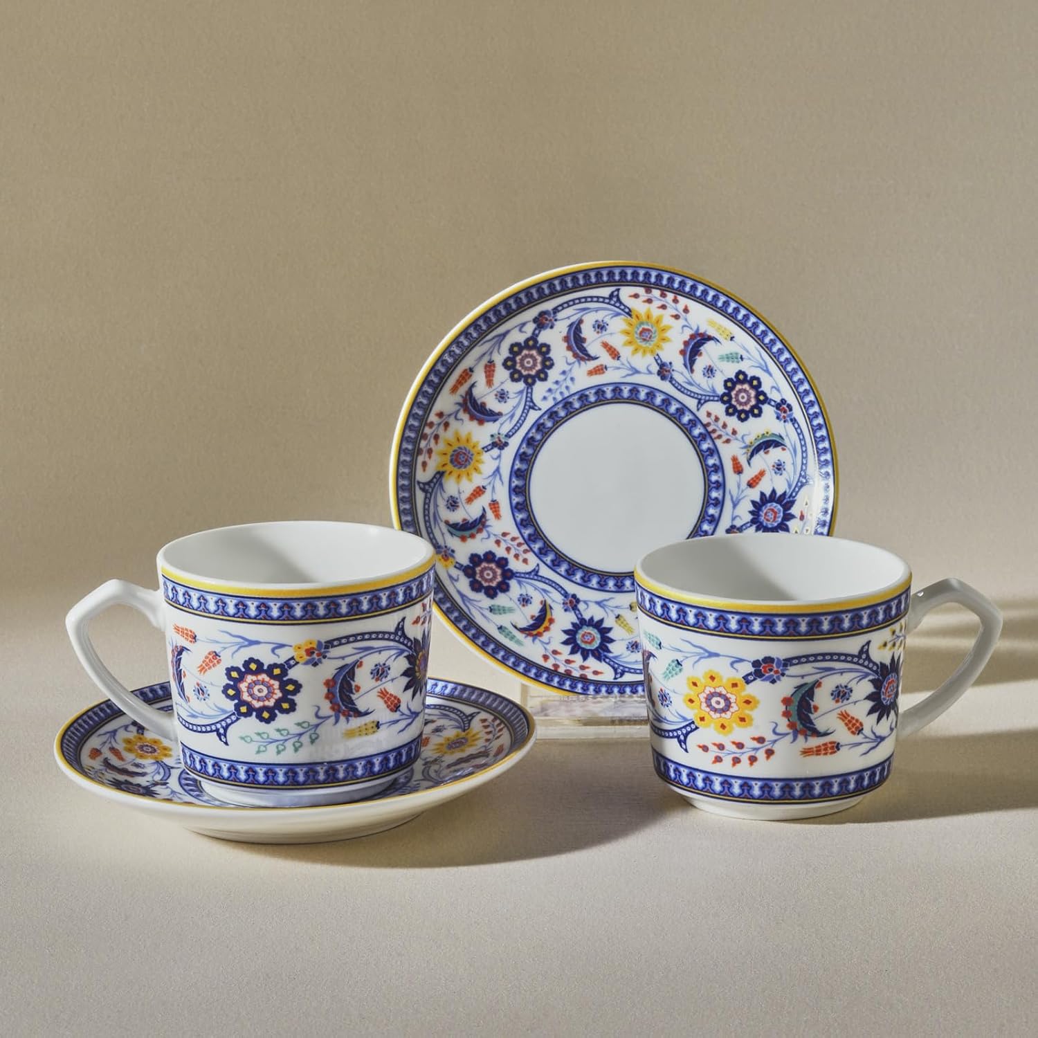 KARACA Turkish Coffee Espresso Mocha Cappuccino Cups Made of Porcelain Cup set for 2 person Traditional Turkish Pattern Dishwasher Safe- 4 pieces 80ml