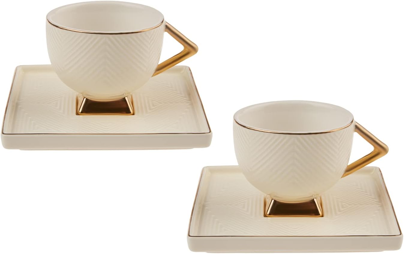 KARACA Art Deco Cream Set with 2 Coffee Cups, 90 ml Mocha Cups, Espresso Cups Mocha Cups/Espresso Cups Set Made of Porcelain, Coffee Cups with Saucer, Stylische Coffee Pot
