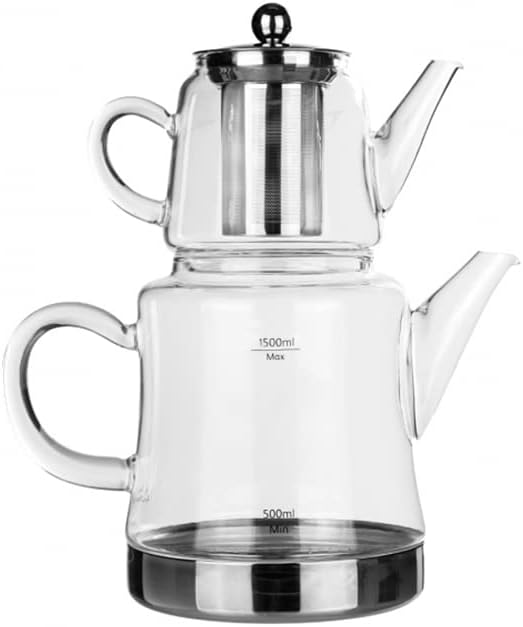Karaca Dora Glass Teapot, 450 ml Jug, 180 ml Kettle, Suitable for Gas and Electric Cooking Systems, Tea Maker, Caydanlik and Teapot Set, Teapot (without Induction), Glass Silver Transparent