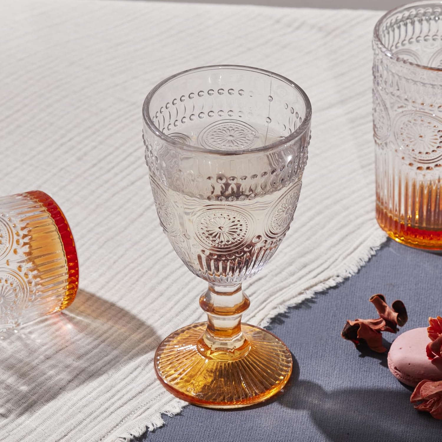 KARACA Sunflower Embossed Wine Glass, 314ml, Transparent Orange, Vintage Style Large Wine Glasses, Durable Stem, Chip-Resistant Rim, Dishwasher Safe
