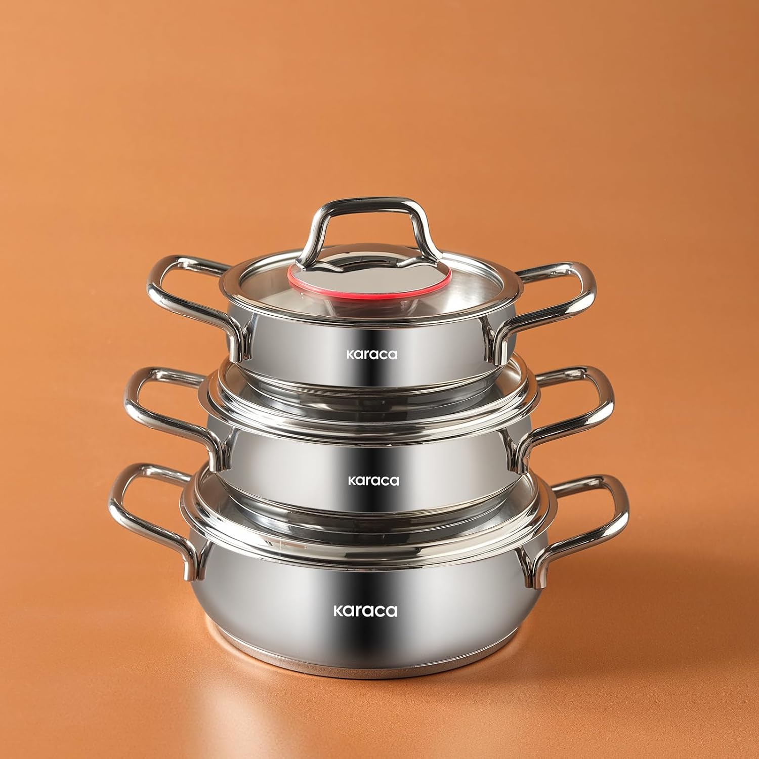 KARACA Emirgan 6 Piece Stainless Steel Induction Shallow Pot Set, 14 cm, 16 cm, 18 cm, Dishwasher Safe, Silver, Shallow Pans Set Stahl