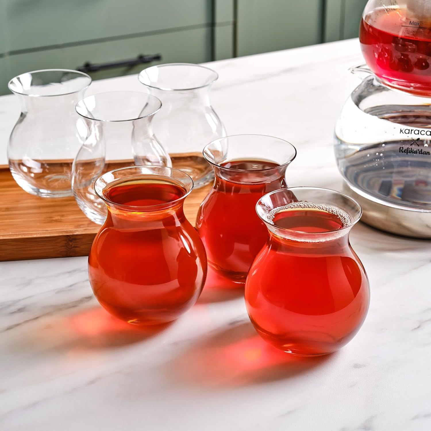KARACA Refikadan Tatlıcan Elegant Tea Glass Set of 6, Clear Turkish Tea Cup Glasses, 200 ml Curved Design Drinkware, Glass Cups for 6 People, Dishwasher Safe