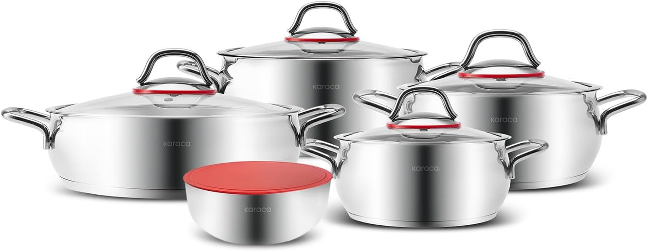 KARACA Stainless Steel Cookware Emirgan XL Set of 10 Piece, Pot, Deep Pot, Casserole, Container with Lid, Easy to Use Stylish Handles, Heat Resistant Cover, Essential Kitchen Accessory Silver - 10 Piece