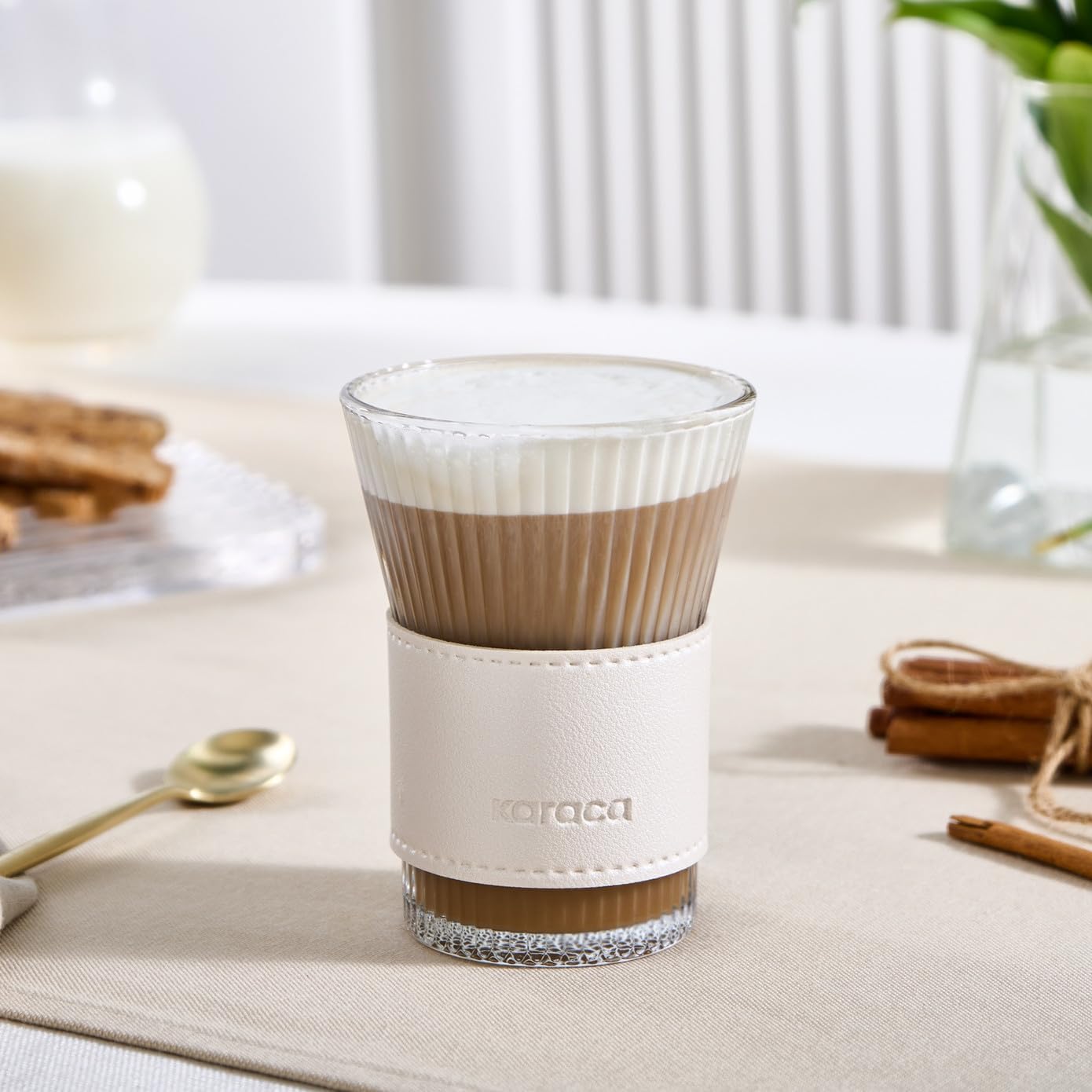 KARACA Leather Cool Touch Latte Coffee Glass, 210 Ml, Pearlescent