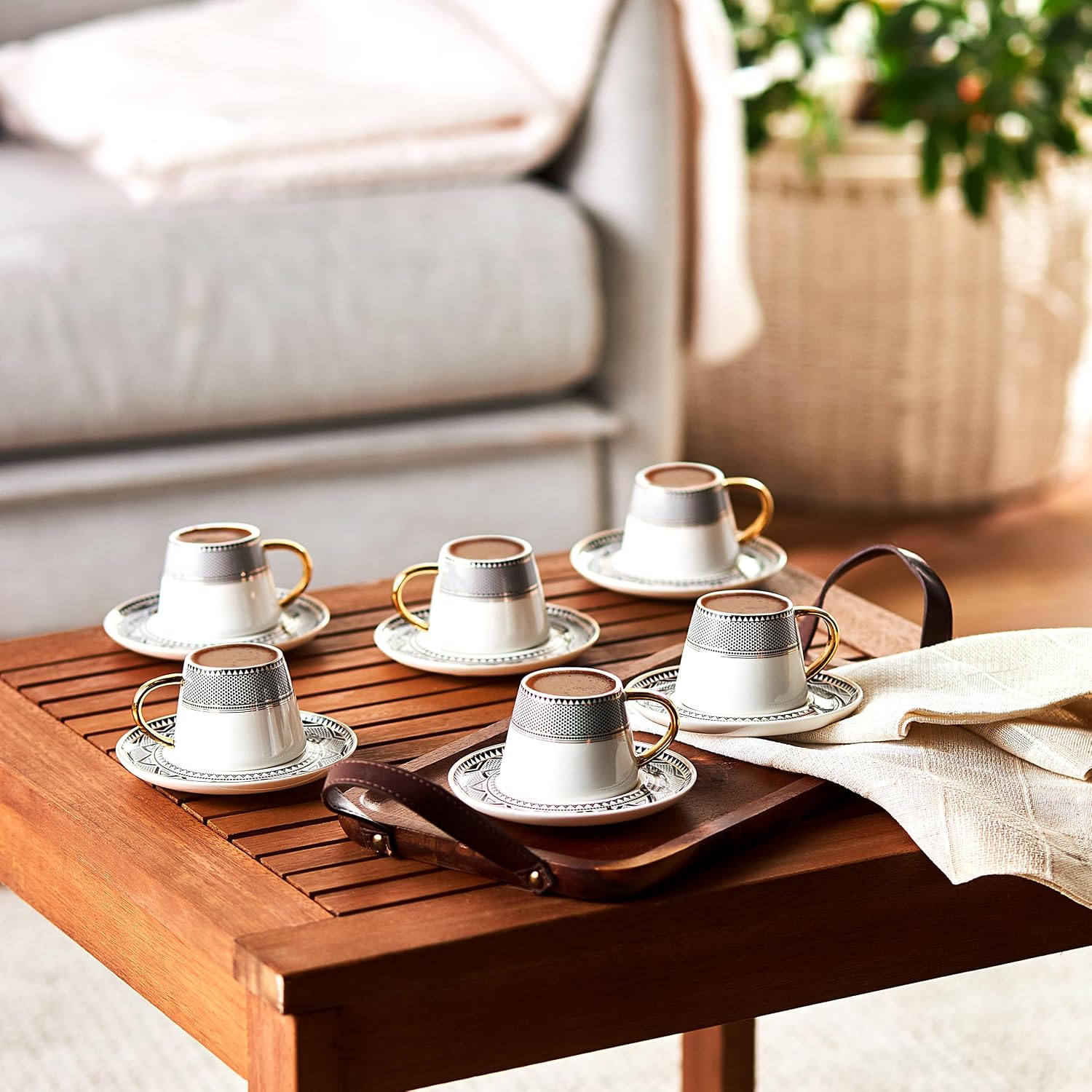 KARACA Globe Turkish Coffee Cup Set of 6, 80ml, 2.7 oz, Small Espresso Cups with Saucers, Porcelain, Black Patterns, and Gold Handles, Ideal for Serving Greek, Arabic Coffee