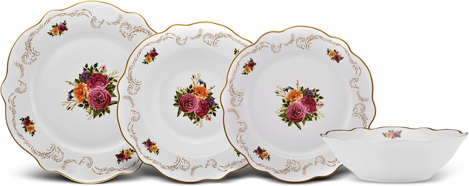 Karaca Forever Bone China Antique 24-Piece Dinner Set for 6 People, Multicolor Floral Dinnerware Set, Lightweight Fine China Plates and Bowls, Microwave and Dishwasher Safe Tableware