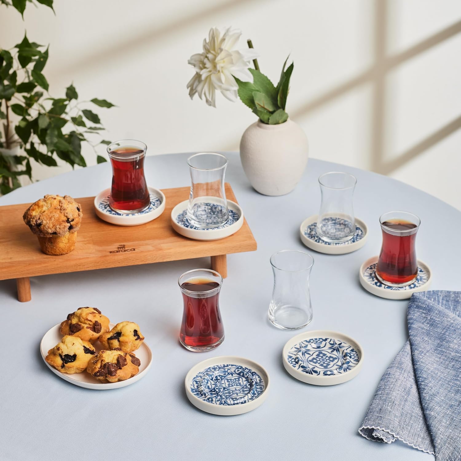 KARACA Mavili Turkish Tea Cups Set - 12 Piece Turkish Tea Glasses and Stoneware Saucers - Authentic Glass Drinking Sets for 6 People - Ideal Adult Teacup Set (170 ml) Blue
