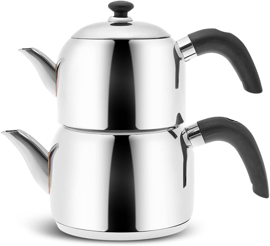 Karaca Edge Stainless Steel Turkish Small Teapot Set, Stackable Tea Maker, Teapot 0.85L, Tea Kettle 1.25L, Induction Compatible, Durable Metal Body, Silver & Black