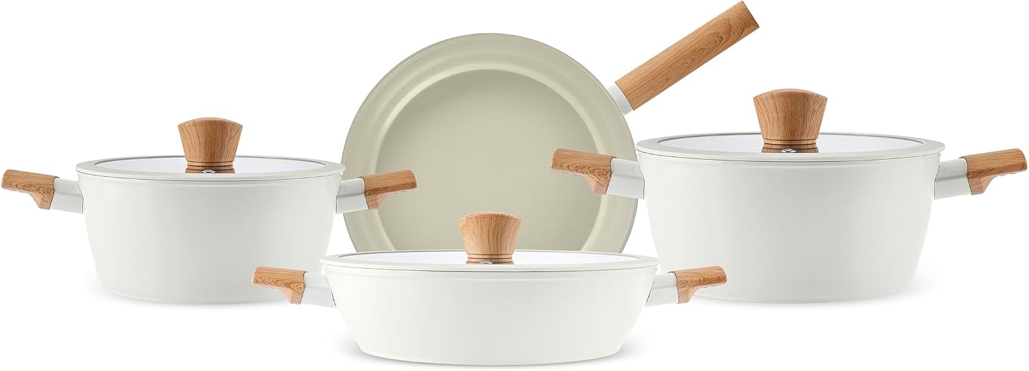 Karaca Swiss Crystal Almond 7-Piece Nonstick Cookware Set, Induction Compatible Pots & Pans, Durable Ceramic Coating, Even Heat Distribution, Cream
