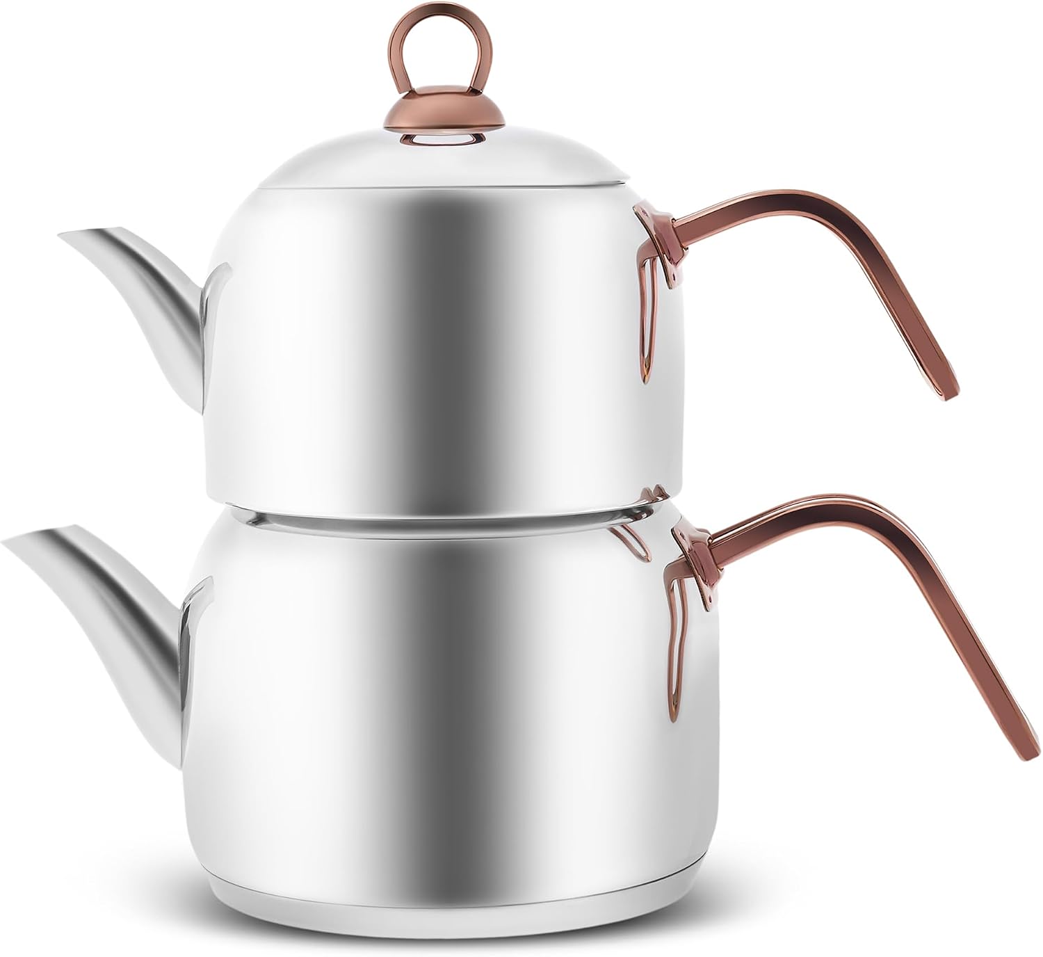 KARACA Urban Stainless Steel Induction Turkish Tea Kettle Set, Medium Size 2.06 qt (1.95L) Water Kettle and 1.42 qt (1.35L) Teapot with Lid, Rose Gold & Silver Double Teapot for Stove Top Tea Brewing