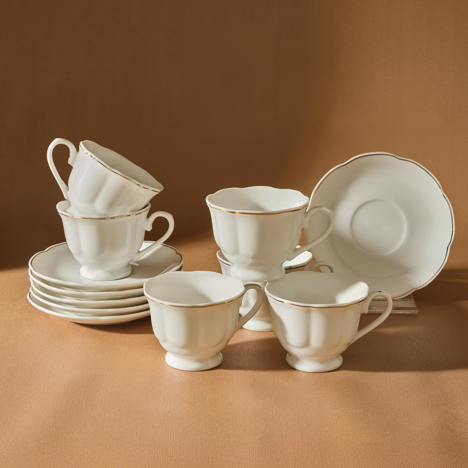 KARACA Çan Turkish Small Coffee Cup Set for 6, 12-Piece Porcelain Espresso Cups and Saucers, 3 oz (90 ML), White and Gold, Demitasse Coffee Cups for Turkish Coffee, Espresso, Arabic Coffee