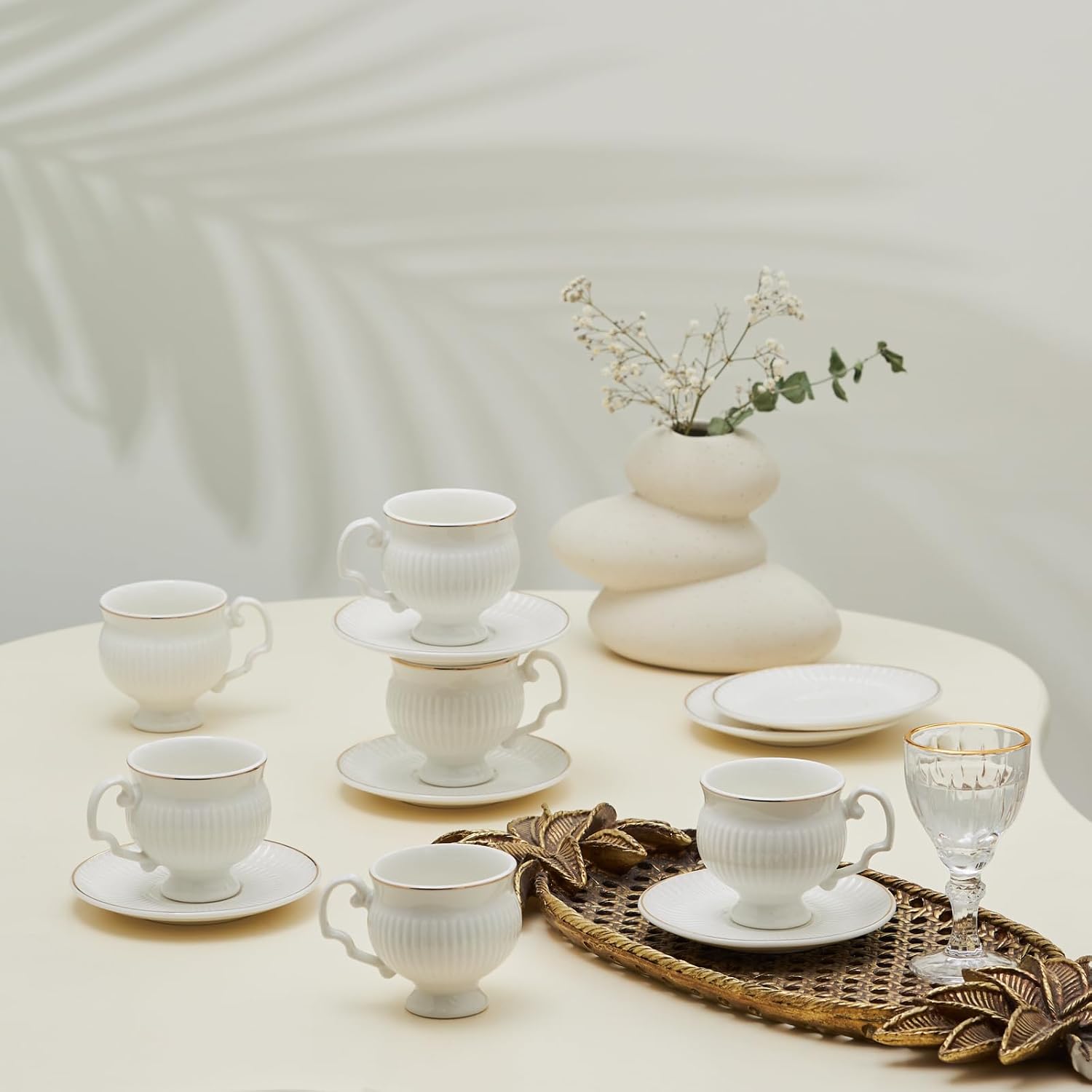 KARACA Malta 12-Piece Porcelain Espresso & Turkish Coffee Cup and Saucer Set, 3.4 oz (100 ml) Elegant White & Gold Design Demitasse Cups for 6 People, Hand Wash Only, Not Microwave Safe