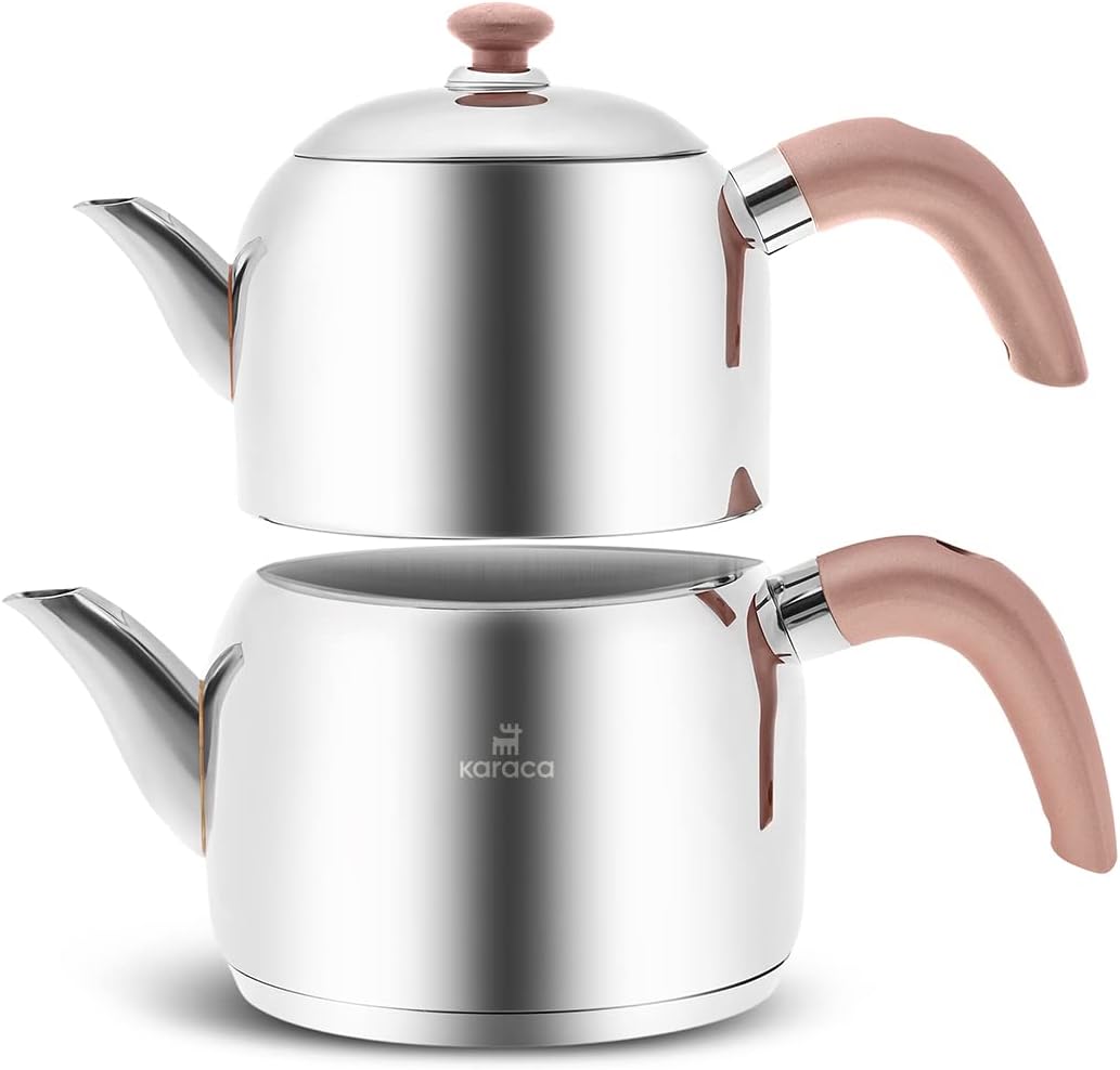 Karaca Edge Stainless Steel Induction Teapot Set, Small Turkish Teapot Set, 2.2 Qt (2.1 Liters) Total Capacity Stackable Tea Maker, Compatible with Induction, Silver & Rose Gold