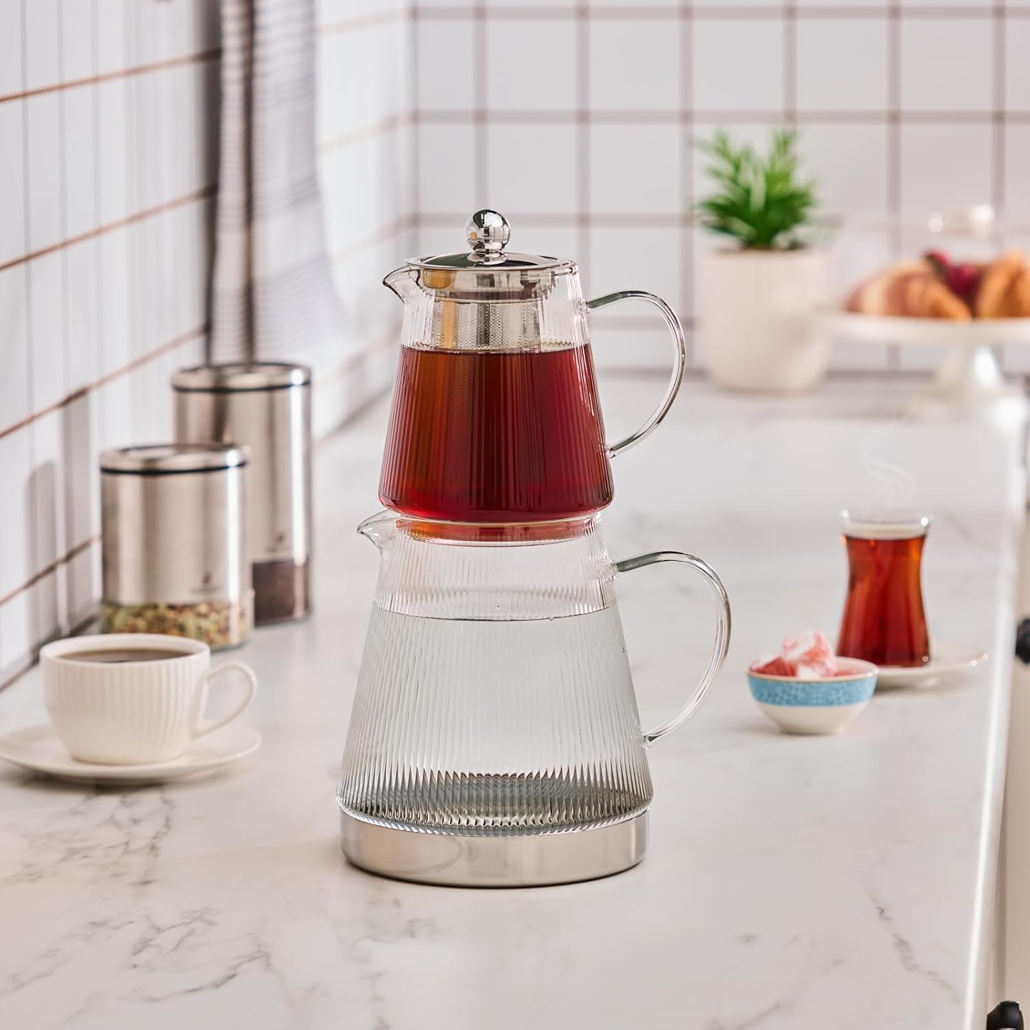 Karaca Keops XL Borosilicate Glass Teapot with Infuser and Lid for Stovetop, Transparent Silver, 1L Tea Pot & 2L Tea Kettle Set for Loose Leaf & Herbal, Dishwasher Safe Silver Transparent