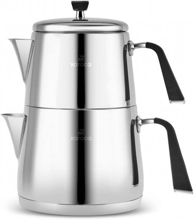 Karaca Fiona Stainless Steel Turkish Teapot Set XL, 1L Tea Pot & 2L Water Tank (Kettle), Stove Top/Induction Compatible, Elegant Silver Design, Easy to Clean, Non-Flammable Handles Metal Grey