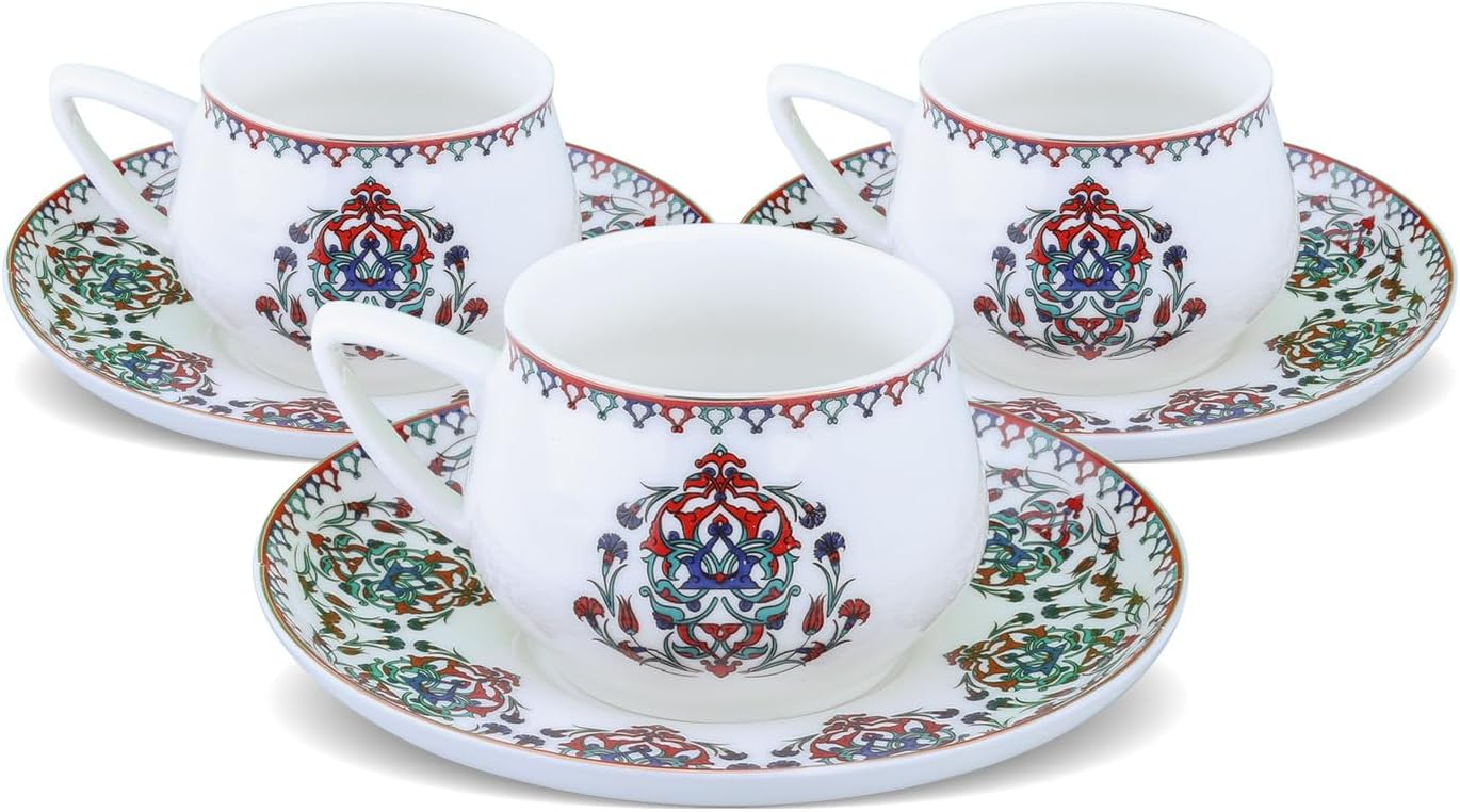 KARACA Nakkas Turkish Coffee Cup Set of 6, (12 Piece) White Cups with Saucers - 3.3 fl oz Small Porcelain Espresso Set - Ideal for Serving Greek, Arabic Coffee