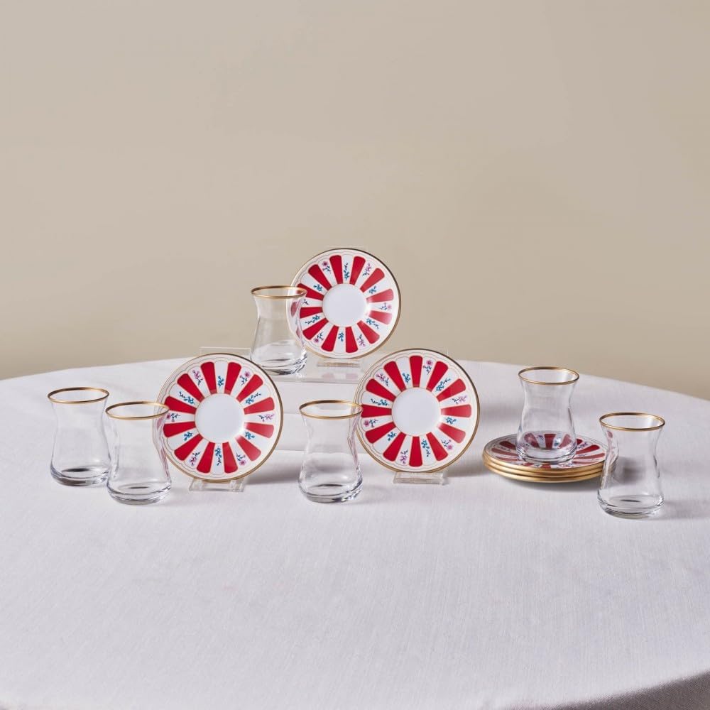 KARACA Bursa 12-Piece Turkish Tea Glass and Saucer Set, 4.5 oz (132 ml) Red Tulip Glass Tea Set for 6 People, Traditional Stackable Arabic Teacups with Saucers, Hand Wash Recommended