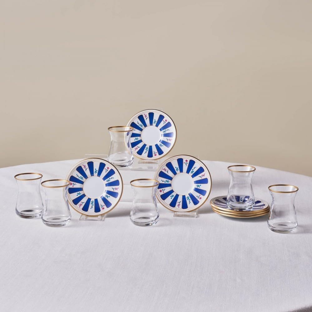 KARACA Bursa 12‑Piece Turkish Tea Glass & Saucer Set, 4.5 oz (132 ml) Navy Blue Floral Pattern Glass Set for 6 People, Traditional Tulip Teacups with Saucers, Hand Wash Recommended