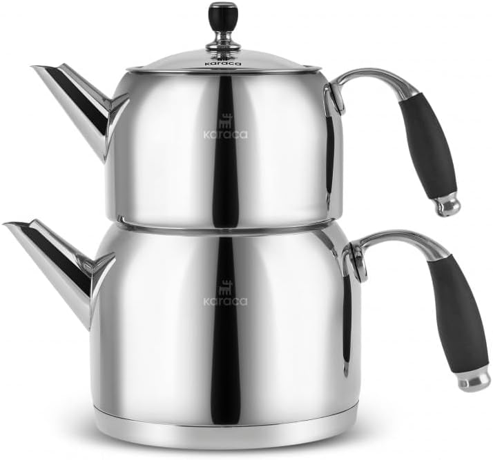 Karaca Stella Stainless Steel Turkish Teapot Set XL, 1L Tea Pot & 2L Water Tank (Kettle), Stove Top/Induction Compatible, Elegant Silver Color, Easy to Clean, Heat-Resistant Handles Silver Grey