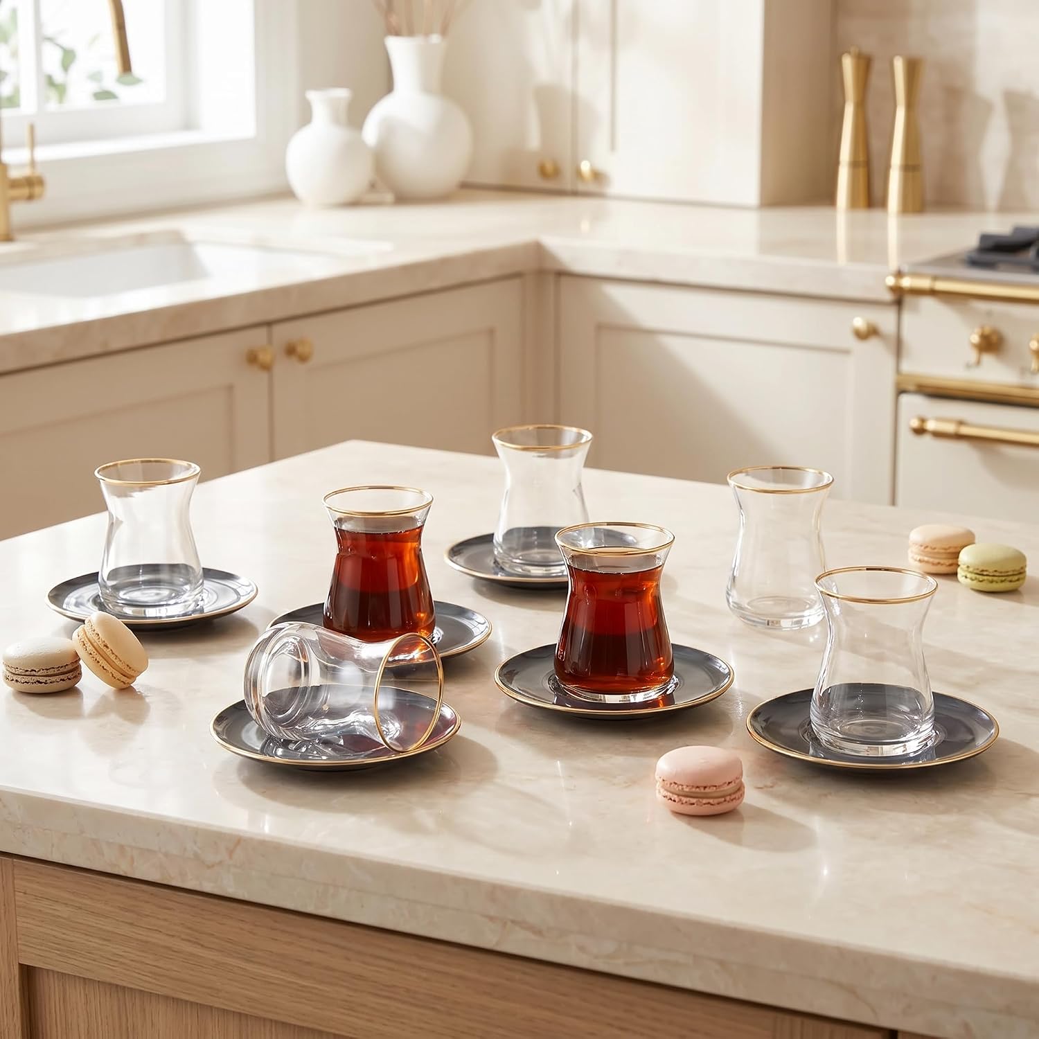 KARACA Turkish Tea Glasses Set for 6, 12-Piece Retro Anthracite Tea Set with Gold Trim, Traditional Turkish Tea Cups, Clear Glass Serving Set for Home & Entertaining