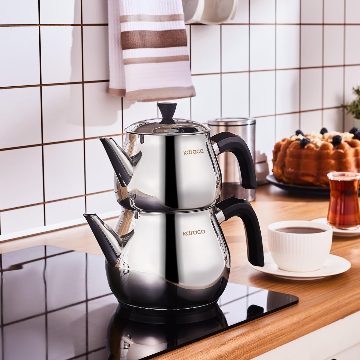 Karaca Kayra Teapot Set, Stainless Steel, Tea Pot 33 oz, Kettle 59 oz, Black Silver, Suitable for Induction, Tea Maker, Kettle, Turkish Tea Kettle Silver & Black