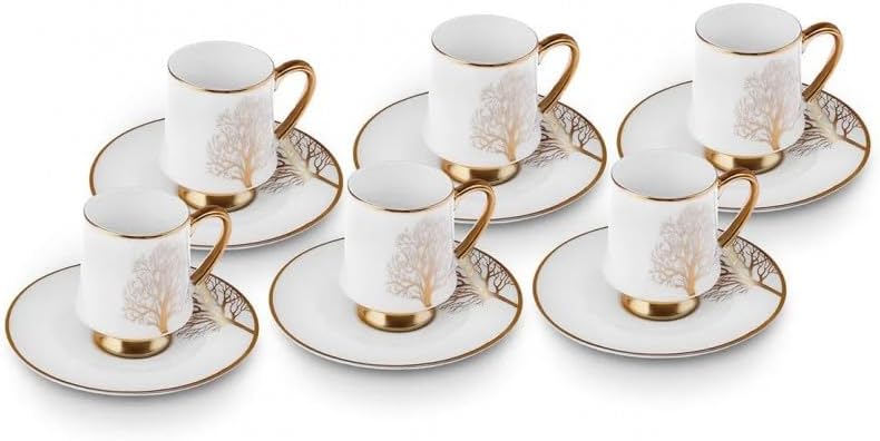 KARACA Afra 12 Piece Small Turkish Coffee Cup Set for 6, 90ML Porcelain Demitasse Espresso Cups with Saucers, White & Gold Luxury Small Coffee Cups, Elegant Set for Arabic Greek Coffee, Gift Ready