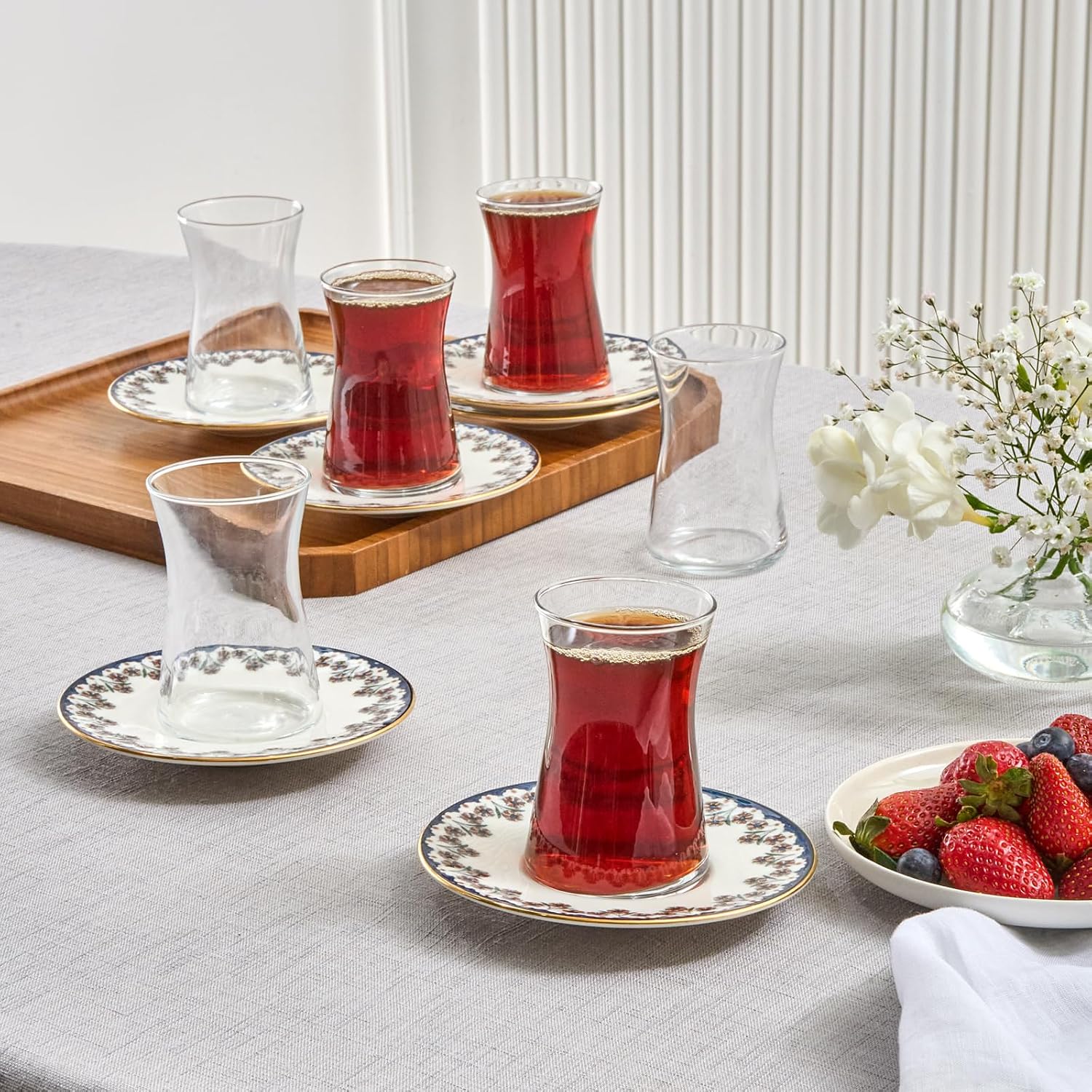 Karaca Florus Turkish Tea Glasses Set, 12-Piece Tea Glass, Tea Set for 6 People (Cay Bardagi Set), Tea Glasses with Floral Pattern and Blue Edge