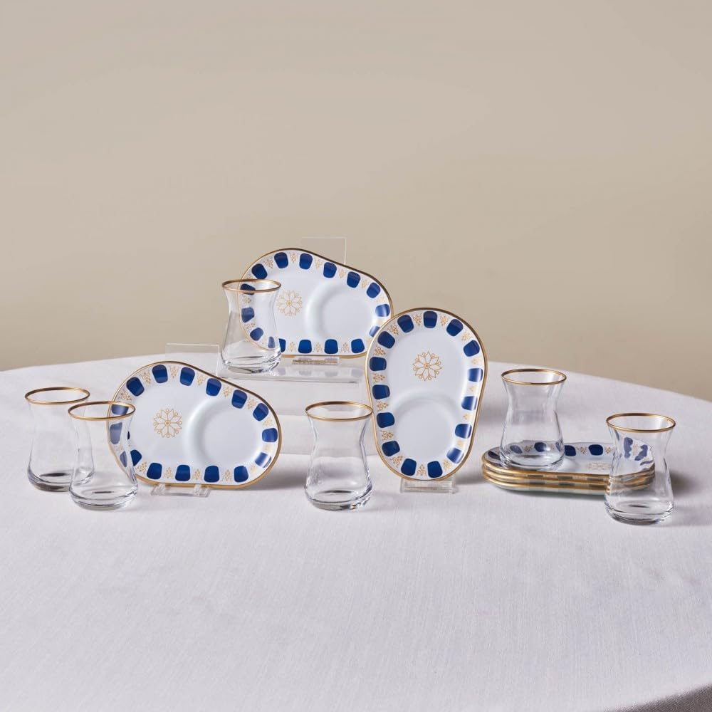 KARACA Belem Turkish Tea Glasses Set, 12-Piece Tea Set for 6 People, Tea Glasses with Gold Rim and Navy Blue Accents