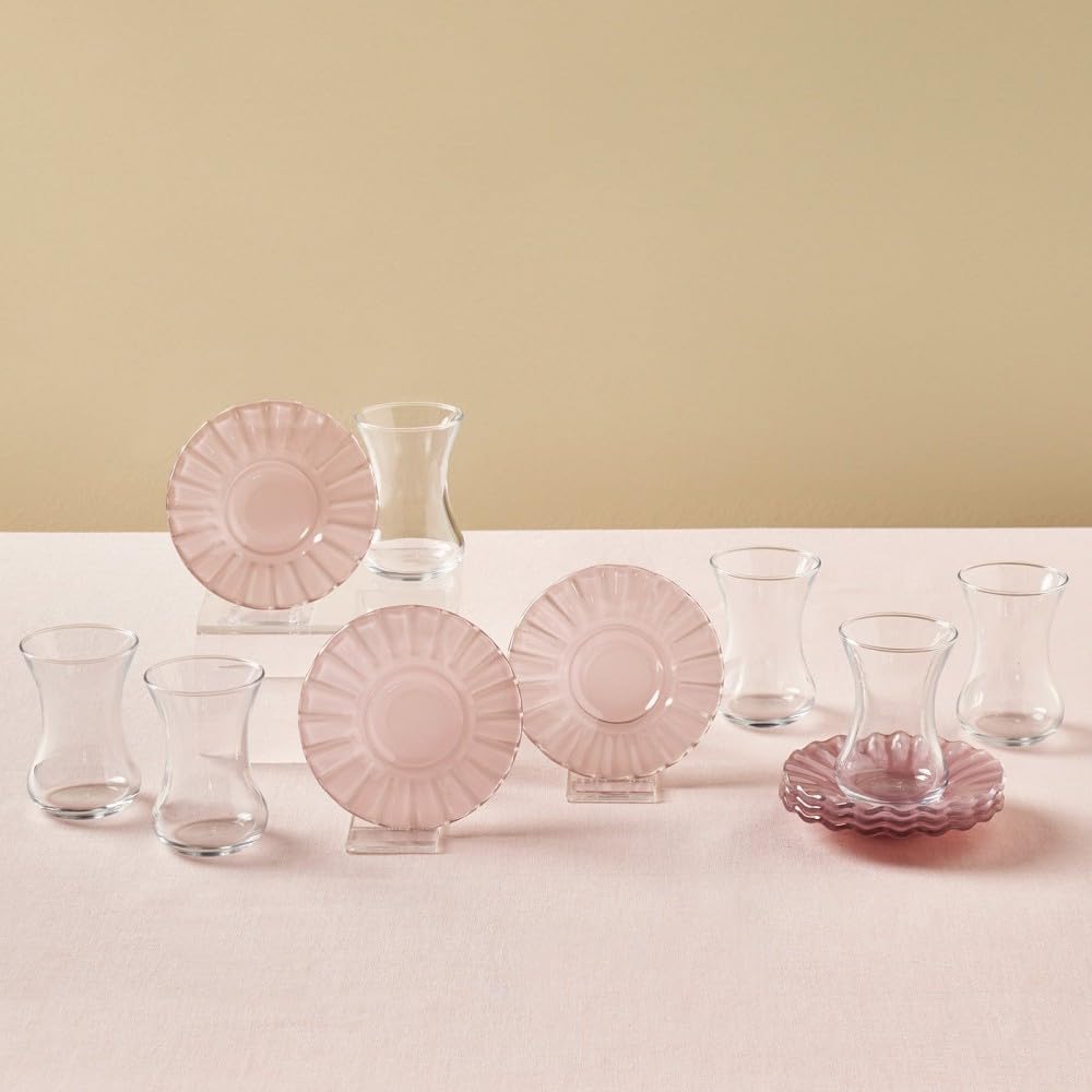 KARACA Luna Turkish Tea Glasses Set, 12-Piece Tea Glass, Tea Set for 6 People (Cay Bardagi Set), Tea Glasses and Saucers in Modern Light Pink lightpink